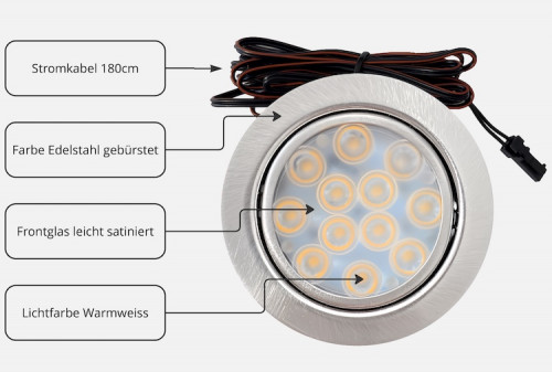6er Set / Flache LED Einbauspots Lina / 12Volt / 3W / Kabelbaum / Stecker/ Verteilerleiste / LED Trafo / Einbautiefe nur 15mm