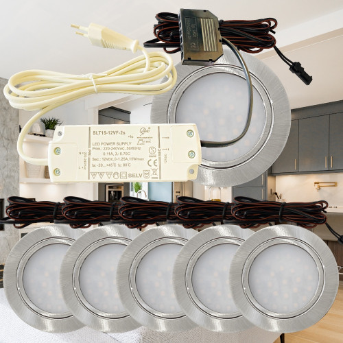 6er Set / Flache LED Einbauspots Mila / 12Volt / 2,4W / Kabelbaum / Stecker/ Verteilerleiste / LED Trafo vormontiert