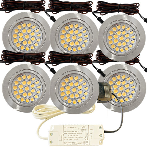 6er Set / Flache LED Einbauspots Mira / 12Volt / 2,4W / Kabelbaum / Stecker/ Verteilerleiste / LED Trafo vormontiert
