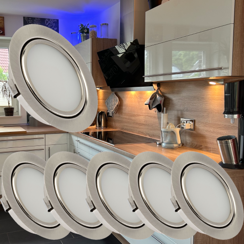6er Set Flache LED Möbel Einbauspots Milena 12V - 3W - mit Dimmer und Fernbedienung