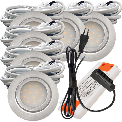 6er Set | Flache LED Möbel Einbauspots New Lina | 12V | 2W | LED Trafo | 230V Zuleitung mit Schnurschalter