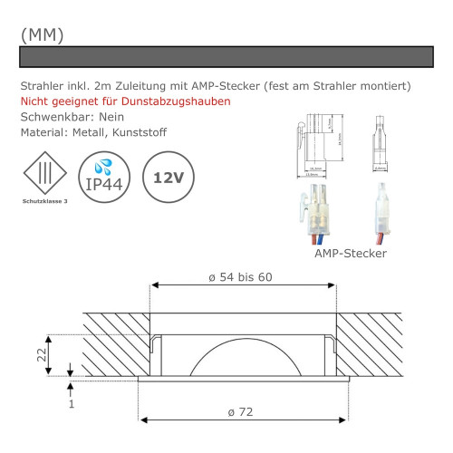 6er Set | Flache LED Möbel Einbauspots New Lina | 12V | 2W | LED Trafo | 230V Zuleitung mit Schnurschalter