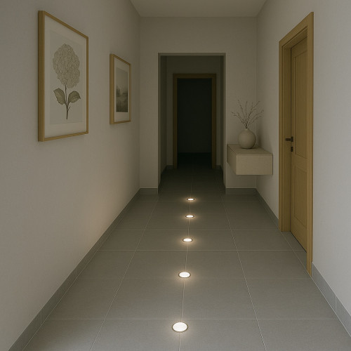 6er Set SMD Bodeneinbauspots 12Volt + 2 x LED Rundtrafo. Für Laminat, Parkett, Fliesen usw. Begehbar - IP67. Abwaschbar.