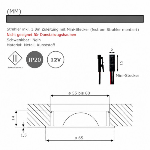 7 Stück - Flache LED Möbel Einbauleuchte Milena 12V - 3W - Mit 2 x LED Trafo und Verteiler