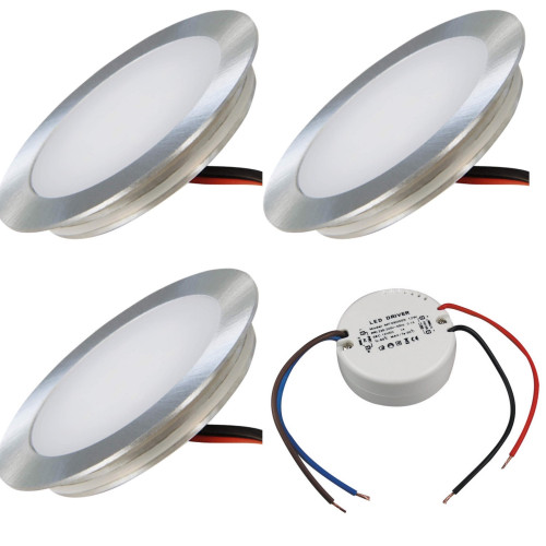 3 x SMD Bodeneinbauspots 12Volt + Rundtrafo. Für Laminat, Parkett, Fliesen usw. Begehbar - IP67. Abwaschbar.