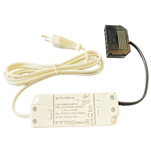 Elektronischer LED Trafo / Treiber / 15W / inkl. Zuleitung und 6-fach Verteiler für Mini AMP Stecker
