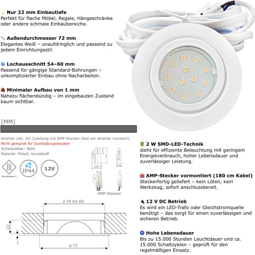 Flache IP44 LED Möbel Einbauspots New Lina 12V - 2W - Weiss - 72mm