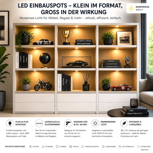 Flache LED Möbel Einbauleuchte Milena 12Volt - 3Watt - 190Lumen - Milchglas