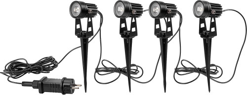 Gartenstrahler Set mit 4 Spots, Netzteil, Erdspieß, 3000K Warmweiß, IP44, ideal für den Außenbereich.