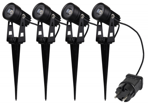Gartenstrahler Set mit 4 Spots, Netzteil, Erdspieß, 3000K Warmweiß, IP44, ideal für den Außenbereich.
