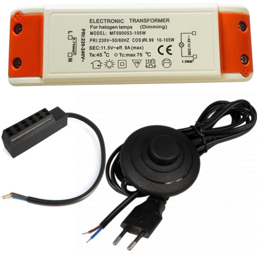 Halogen Trafo 105 W – 12 V, eckig, mit 230 V Zuleitung & Fußschalter