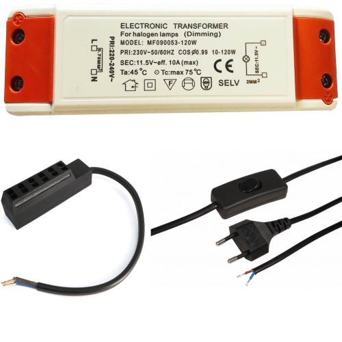 Halogen Trafo 120 W – 12 V, eckig, mit 230 V Zuleitung & Schnurschalter