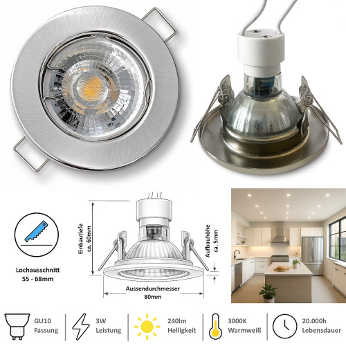 LED Einbaustrahler Tom / 230V / 3Watt / 250Lumen / Silber