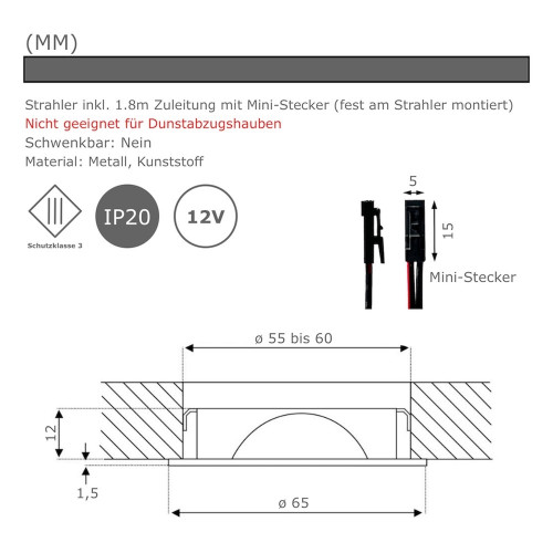 Sets Flache LED Möbel Einbauleuchte Lina 12Volt - 3Watt - 200Lumen - mit Transformator