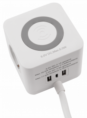 Tischsteckdose, 3 x Steckdose, 2 x USB-A, 1 x USB-C, QI aufladen