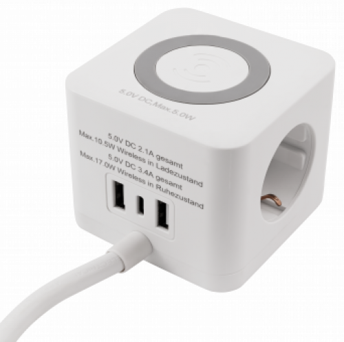 Tischsteckdose, 3 x Steckdose, 2 x USB-A, 1 x USB-C, QI aufladen