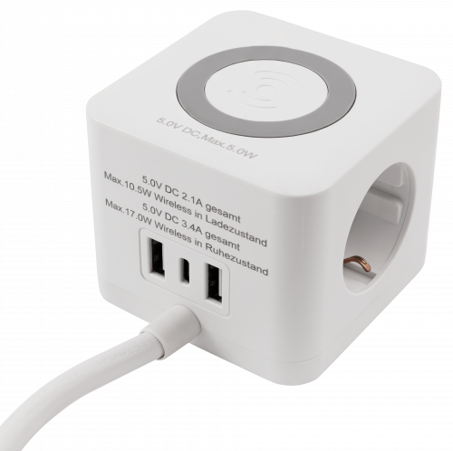 Tischsteckdose, 3 x Steckdose, 2 x USB-A, 1 x USB-C, QI aufladen