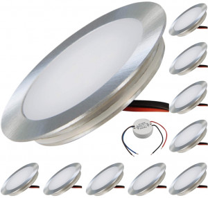 10er Set SMD Bodeneinbauspots 12Volt + LED Rundtrafo. Für Laminat, Parkett, Fliesen usw. Begehbar - IP67. Abwaschbar.