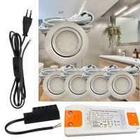 5er Set | Flache LED Möbel Einbauspots New Lina | 12V | 2W | LED Trafo | 230V Zuleitung mit Schnurschalter