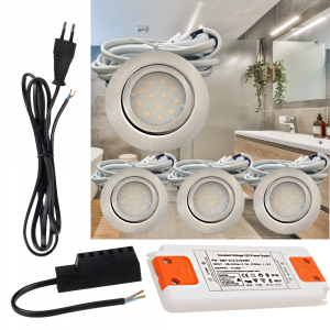 4er Set | Flache LED Möbel Einbauspots New Lina | 12V | 2W | LED Trafo | 230V Zuleitung
