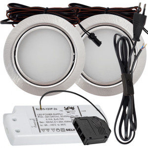 2 Stück - Flache LED Möbel Einbauleuchte Milena 12V - 3W - Trafo, Verteiler, 230V Zuleitung