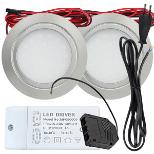 2 Stück Flache LED Möbel-Einbaustrahler Mila 12V - 2,4W - LED Trafo - 230V Zuleitung