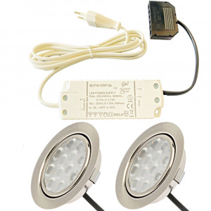 2er Set / Flache LED Einbauspots Lina / 12Volt / 3W / Kabelbaum / Stecker/ Verteilerleiste / LED Trafo vormontiert