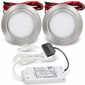 2er Set / Flache LED Einbauspots Mila / 12Volt / 2,4W / Kabelbaum / Stecker/ Verteilerleiste / LED Trafo vormontiert