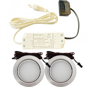 2er Set / Flache LED Einbauspots Milena / 12Volt / 3W / Kabelbaum / Stecker/ Verteilerleiste / LED Trafo vormontiert
