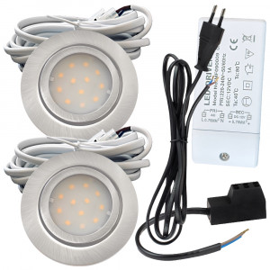 2er Set | Flache LED Möbel Einbauspots New Lina | 12V | 2W | LED Trafo | 230V Zuleitung