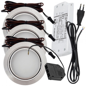 3 Stück - Flache LED Möbel Einbauleuchte Milena 12V - 3W - LED Trafo, 230V Zuleitung mit Schnurschalter