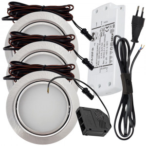 3 Stück - Flache LED Möbel Einbauleuchte Milena 12V - 3W - LED Trafo, Verteiler, 230V Zuleitung