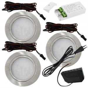 3 Stück Flache LED Möbel-Einbaustrahler Mila 12V - 2,4W - LED Trafo - 230V Zuleitung