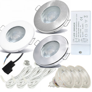 3er Set 3W LED Einbaustrahler IP65 12V inkl Trafo & 120cm Kabel