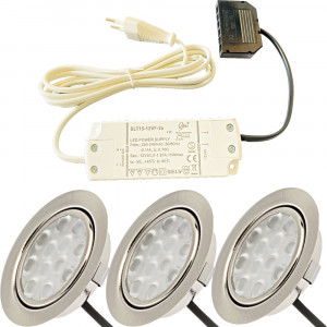 3er Set / Flache LED Einbauspots Lina / 12Volt / 3W / Kabelbaum / Stecker/ Verteilerleiste / LED Trafo vormontiert