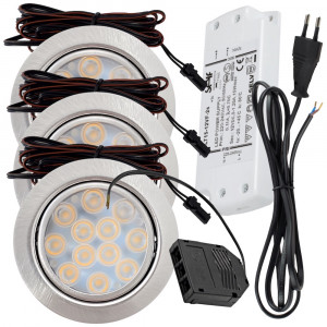 3er Set / Flache LED Einbauspots Lina / 12Volt / 3W/ LED Trafo / 230V Netzkabel für schaltbare Steckdosen