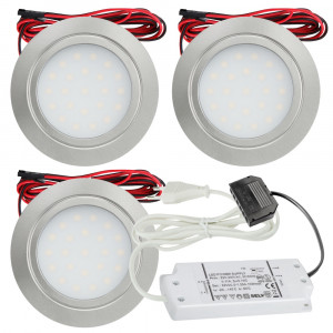 3er Set / Flache LED Einbauspots Mila / 12Volt / 2,4W / Kabelbaum / Stecker/ Verteilerleiste / LED Trafo vormontiert