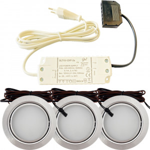 3er Set / Flache LED Einbauspots Milena / 12Volt / 3W / Kabelbaum / Stecker/ Verteilerleiste / LED Trafo vormontiert