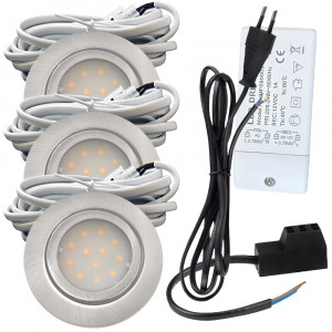 3er Set | Flache LED Möbel Einbauspots New Lina | 12V | 2W | LED Trafo | 230V Zuleitung