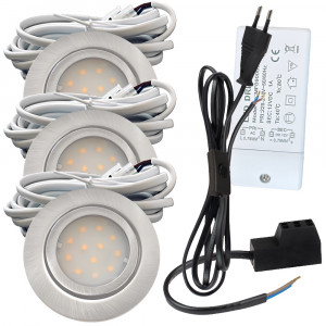 3er Set | Flache LED Möbel Einbauspots New Lina | 12V | 2W | LED Trafo | mit Schnurschalter