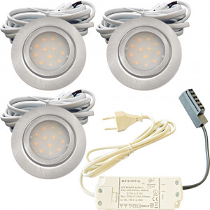 3er Set Flache LED-Möbel-Einbauspots New Lina, IP44, 12V, 2W, inklusive Plug & Play Trafo