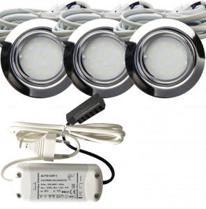 3er Set Flache LED-Möbel-Spots New Lina IP44, 12V, 2,2W, inklusive Plug & Play Trafo. Chrom