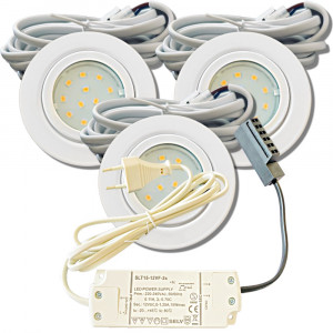 3er Set Flache LED-Möbel-Spots New Lina IP44, 12V, 2,2W, inklusive Plug & Play Trafo. Weiß