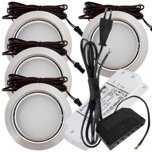 4 Stück Flache LED Möbel Einbaustrahler Milena 12V - 3W - Mit LED Trafo und 230V Zuleitung mit Schnurschalter