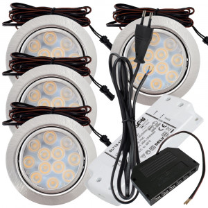 4er Set / Flache LED Einbauspots Lina / 12Volt / 3W / Kabelbaum / Stecker/ Verteilerleiste / LED Trafo / Einbautiefe nur 12mm