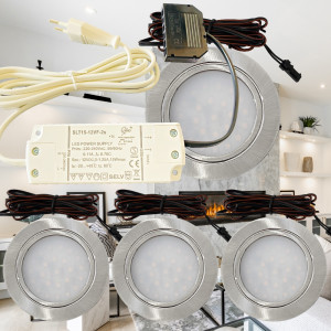 4er Set / Flache LED Einbauspots Mila / 12Volt / 2,4W / Kabelbaum / Stecker/ Verteilerleiste / LED Trafo vormontiert