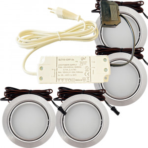 4er Set / Flache LED Einbauspots Milena / 12Volt / 3W / Kabelbaum / Stecker/ Verteilerleiste / LED Trafo vormontiert