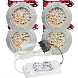 4er Set / Flache LED Einbauspots Mira / 12Volt / 2,4W / Kabelbaum / Stecker/ Verteilerleiste / LED Trafo vormontiert