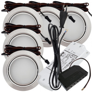 5 Stück - Flache LED Möbel Einbauleuchte Milena 12V - 3W - Mit LED Trafo, Verteiler und 230V Zuleitung