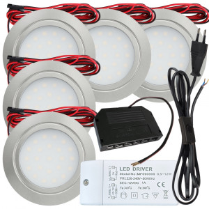 5 Stück Flache LED Möbel-Einbaustrahler Mila 12V - 2,4W - LED Trafo - 230V Zuleitung mit Schnurschalter